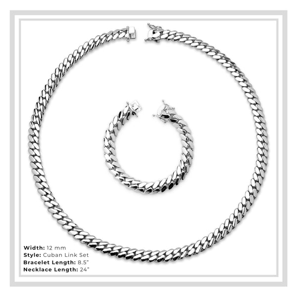 Miami Cuban Link Set Necklace and Bracelet Silver Plated 12mm Men Jewelry