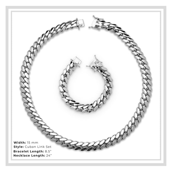 Miami Cuban Link Set Necklace and Bracelet Silver Plated 15 mm Men Jewelry