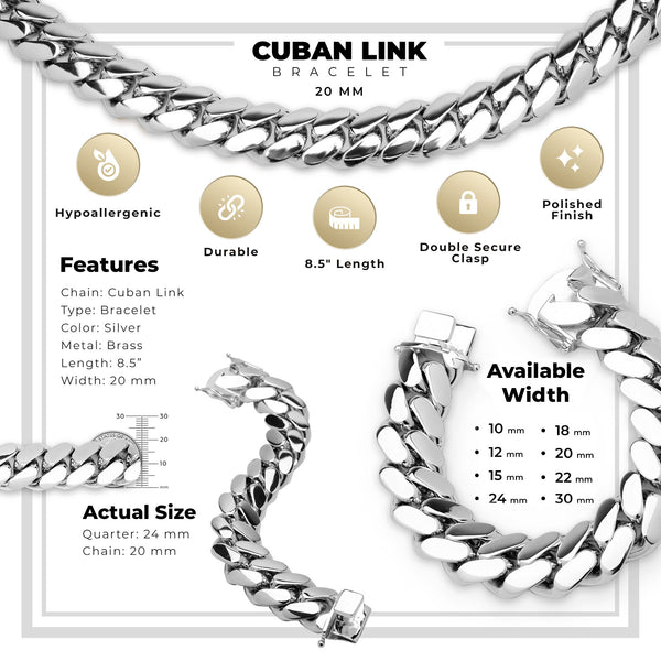 Miami Cuban Link Silver Plated Bracelet Men Jewelry 20 mm  8.5 inch