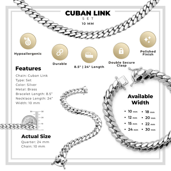 Miami Cuban Link Silver Set Necklace and Bracelet Men Jewelry 10 mm