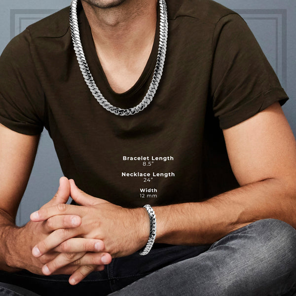 Miami Men Cuban Link Set Necklace and Bracelet Silver 12 mm Jewelry