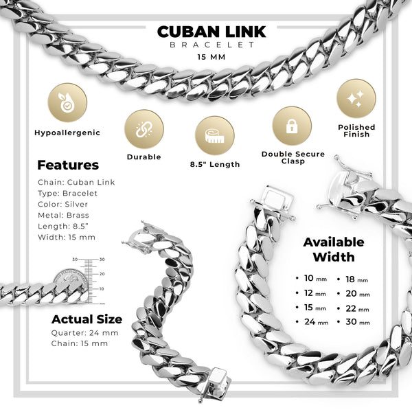 Miami Men Silver Plated Cuban Link Bracelet 15 mm Jewelry 8.5 inch