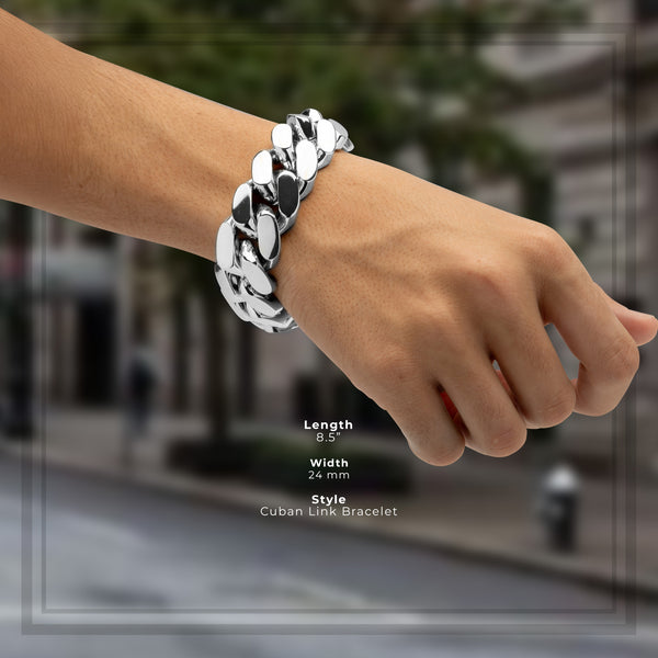 Miami Silver Cuban Link Bracelet Men Jewelry 8.5 inch 24 mm