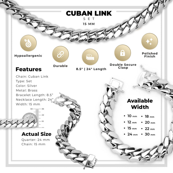 Miami Silver Cuban Link Set Necklace and Bracelet Men Jewelry 15 mm