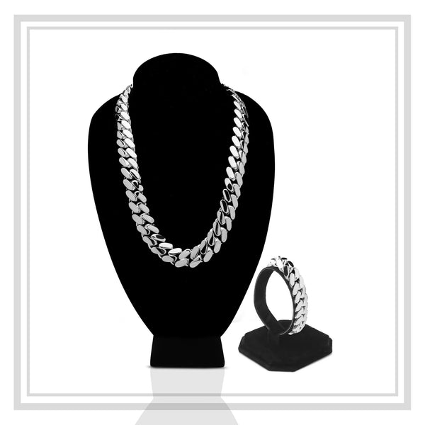 Miami Silver Cuban Link Set Necklace and Bracelet Men Jewelry 18 mm
