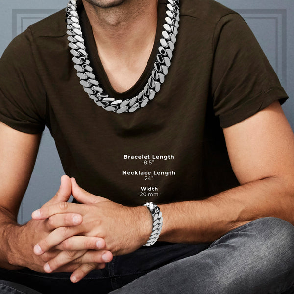 Miami Silver Cuban Link Set Necklace and Bracelet Men Jewelry 20 mm