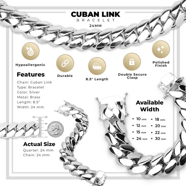 Miami Silver Plated Cuban Link Bracelet Men Jewelry 8.5 inch 24 mm