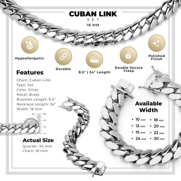 Miami Silver Plated Cuban Link Set Necklace Bracelet Men Jewelry 18 mm