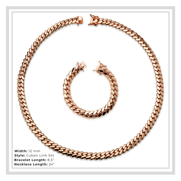 Rose Gold Plated Cuban Link Set Necklace Bracelet Chain 12 mm Men Jewelry 24 inch