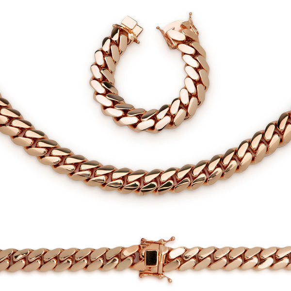 Set Cuban Link Chain Rose Gold Plated 20 mm Men Jewelry 24 inch