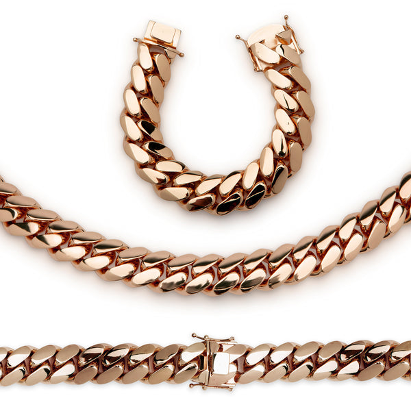 Set Cuban Link Chain Rose Gold Plated 22 mm Men Jewelry 24 inch
