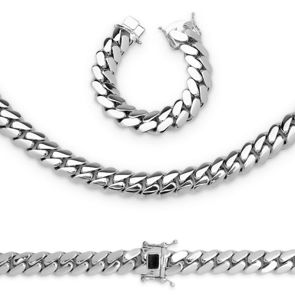 Set Cuban Link Chain Silver Plated 20 mm Men Jewelry 24 inch