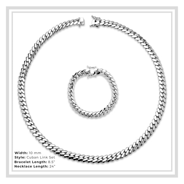 Silver Miami Cuban Link Set Necklace and Bracelet Men Jewelry 10 mm
