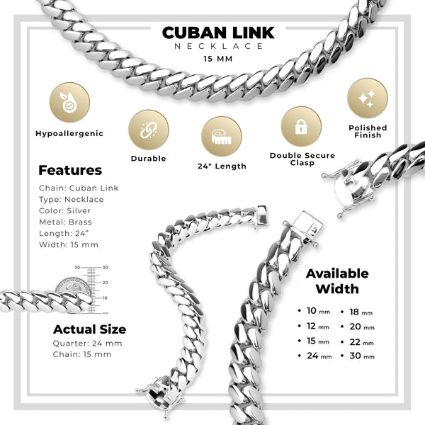 Silver Plated Men Jewelry Miami Cuban Link Chain 15 mm  24 inch
